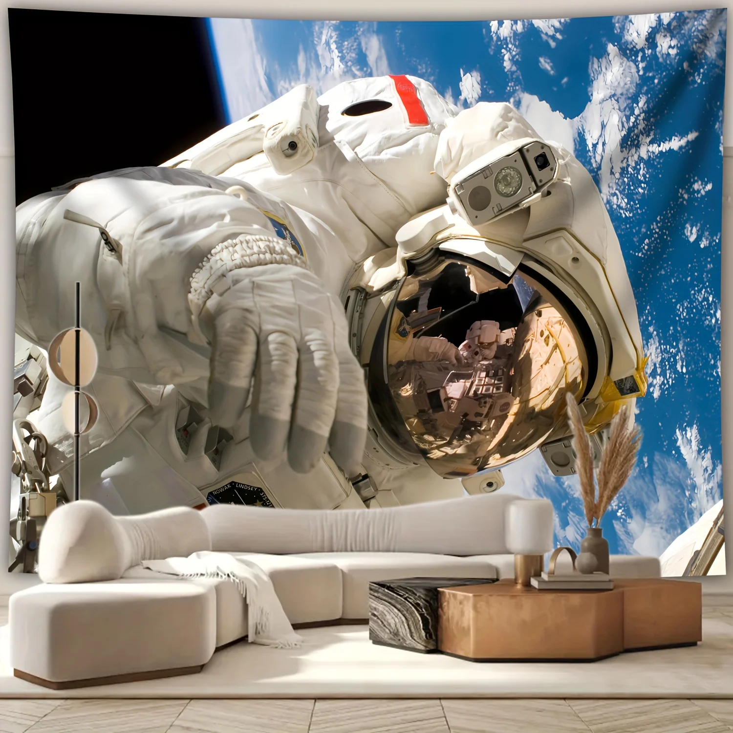 Astronaut Space Tapestry, Realistic Earth View & Helmet Reflection, Sci-Fi Wall Hanging, Galaxy Bedroom Decor Cosmic Exploration