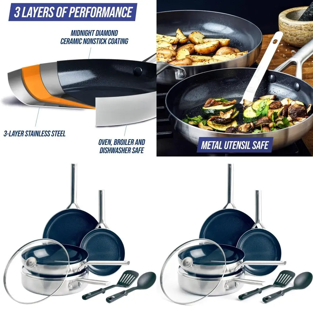 

7-Piece Stainless Steel Ceramic Nonstick Cookware Set, Induction & Oven Safe, Dishwasher Friendly, Silver