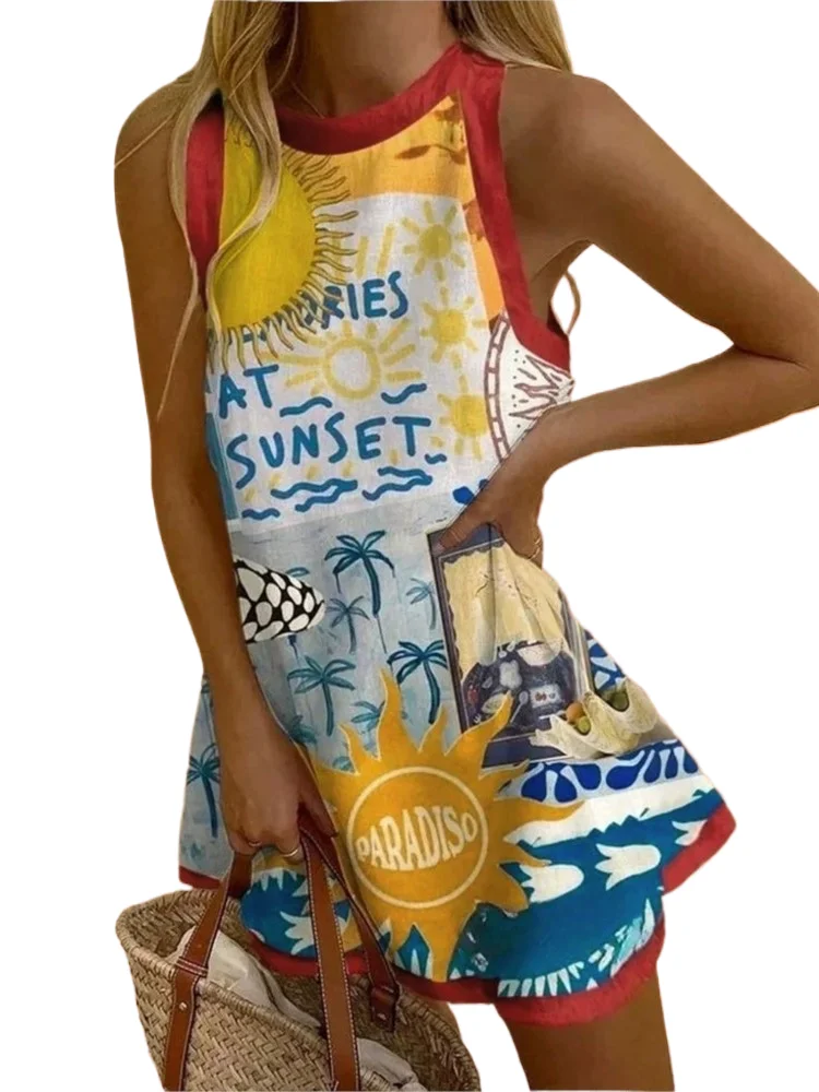 

Bohemian Beach Style Print Dress Women Summer New Loose O Neck Sleeveless Mini Dresses Fashion Casual Holiday Vacation Vestidos