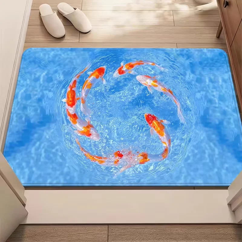 Eine fischförmige Badezimmermatte mit Koi-Fisch-Muster, Schlafzimmer, Wohnzimmer, Eingänge, Camping, es mit blauem und orangefarbenem Dekor