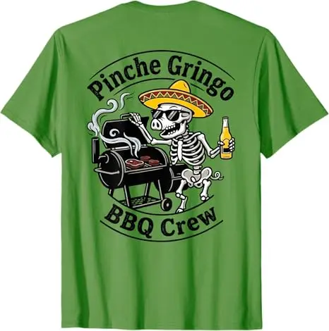 Pinche Gringo BBQ Crew Skelett-Schwein beim Grillen mit Bier (auf Rückseite) T-Shirt Y2k Kochen Smoker Grill Ästhetische Kleidung Herrenmode Tee – Detail 5