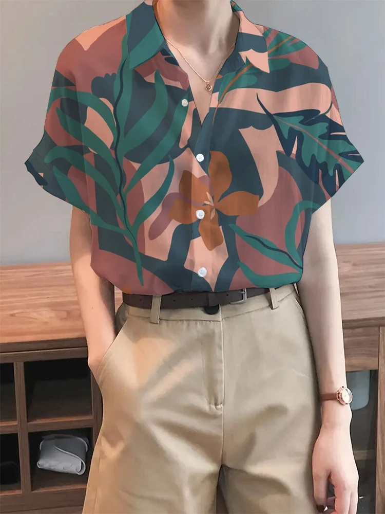 Holiday Style Printed Short Sleeve Shirt Ladies Lapel Button Short Sleeve Shirt Holiday Style Daily Elegant Casual Loose