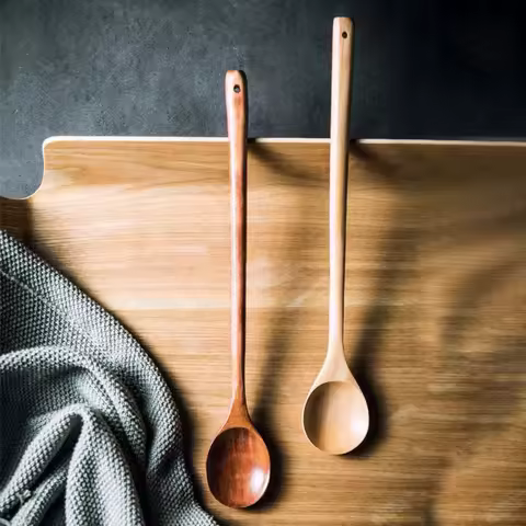 Natural Wooden Long Handle Spoon Simple Design Cooking Stirring Spoon With Long Handle Easy To Care For And Clean Kitchen Utensi