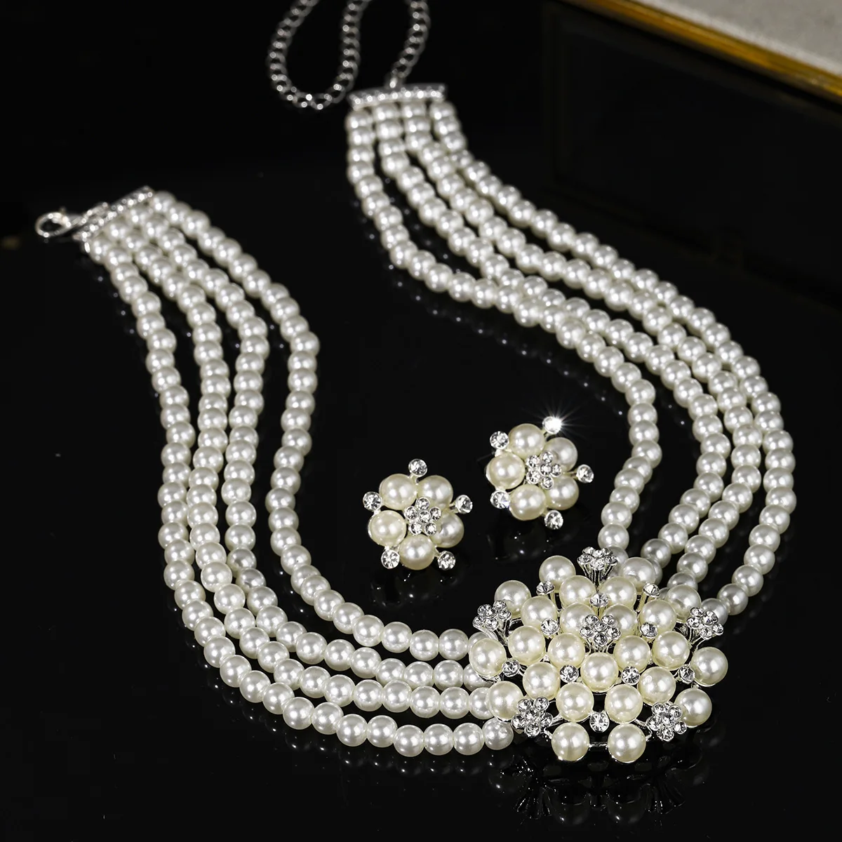 3pc New Multi-layer Pearl Necklace Earrings Exaggerated Temperament Jewelry Set Luxury Bridal Wedding Accessories As Gifts、 image 3