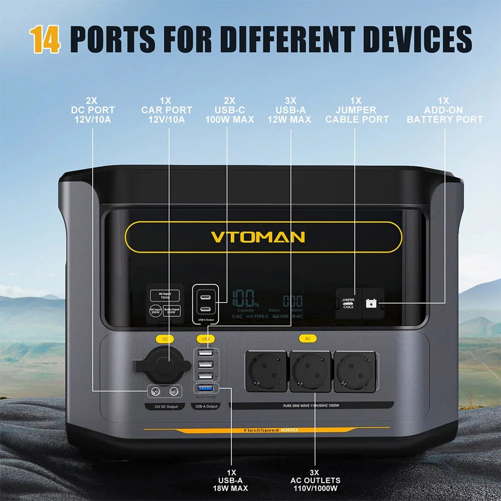 VTOMAN Flashspeed 1000 Portable Power Station, 1000W(2000W Peak), 828Wh LiFePO4 Battery, with AC/USB/DC Output Ports