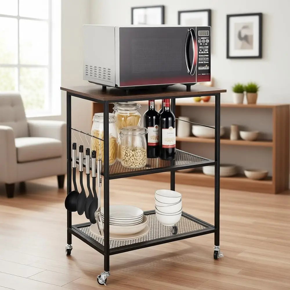 

Винтажная коричневая 3-ярусная кухонная тележка на колесиках с 5 крючками, блокируемыми колесами и функциями барной стойки в индустриальном стиле