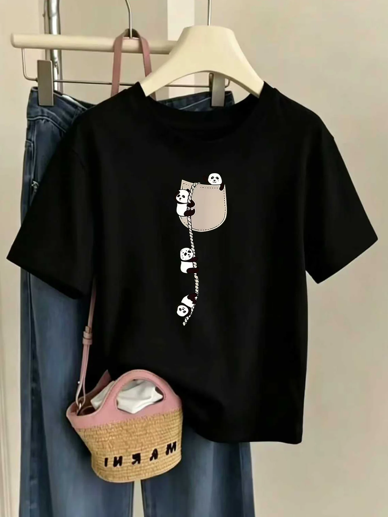 Kids Cute Pocket Rope Climbing Panda Cartoon Graphic Tee Boys Girls Family Matching Short Sleeve Animal Casual Everyday T Shirt