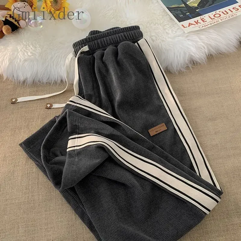 Gmiixder Preppy Stripes Corduroy Pants for Men Spring Autumn High Street Sweatpants American Vintage Versatile Casual Trousers