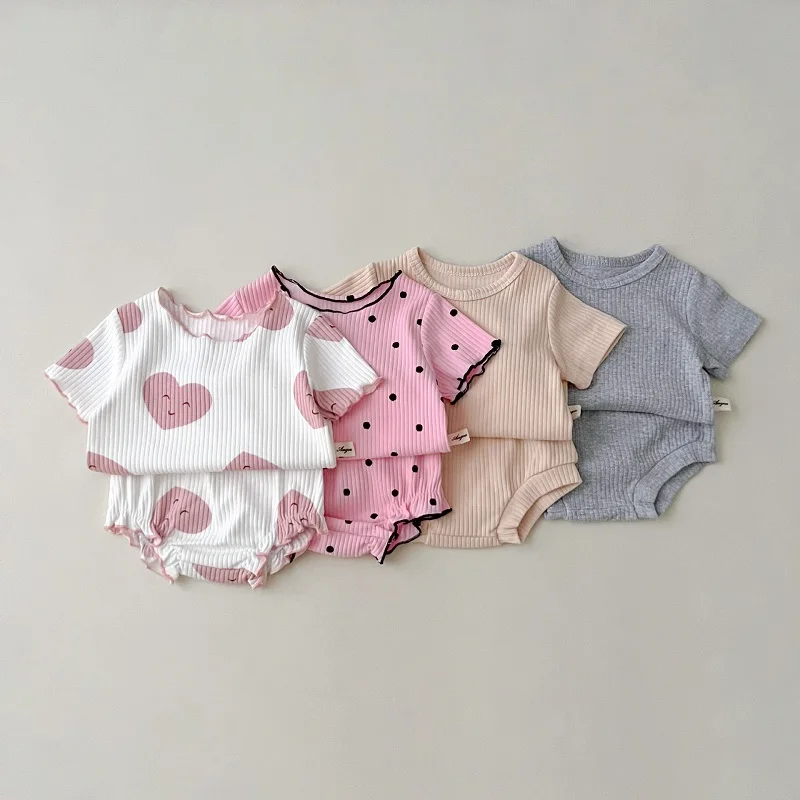 

INS Summer Baby Clothing Set 0-3Years Newborn Boy Girl Short Sleeve O-Neck Ribbed Cotton T-shirt Tops+Bloomer Shorts 2PCS Suit