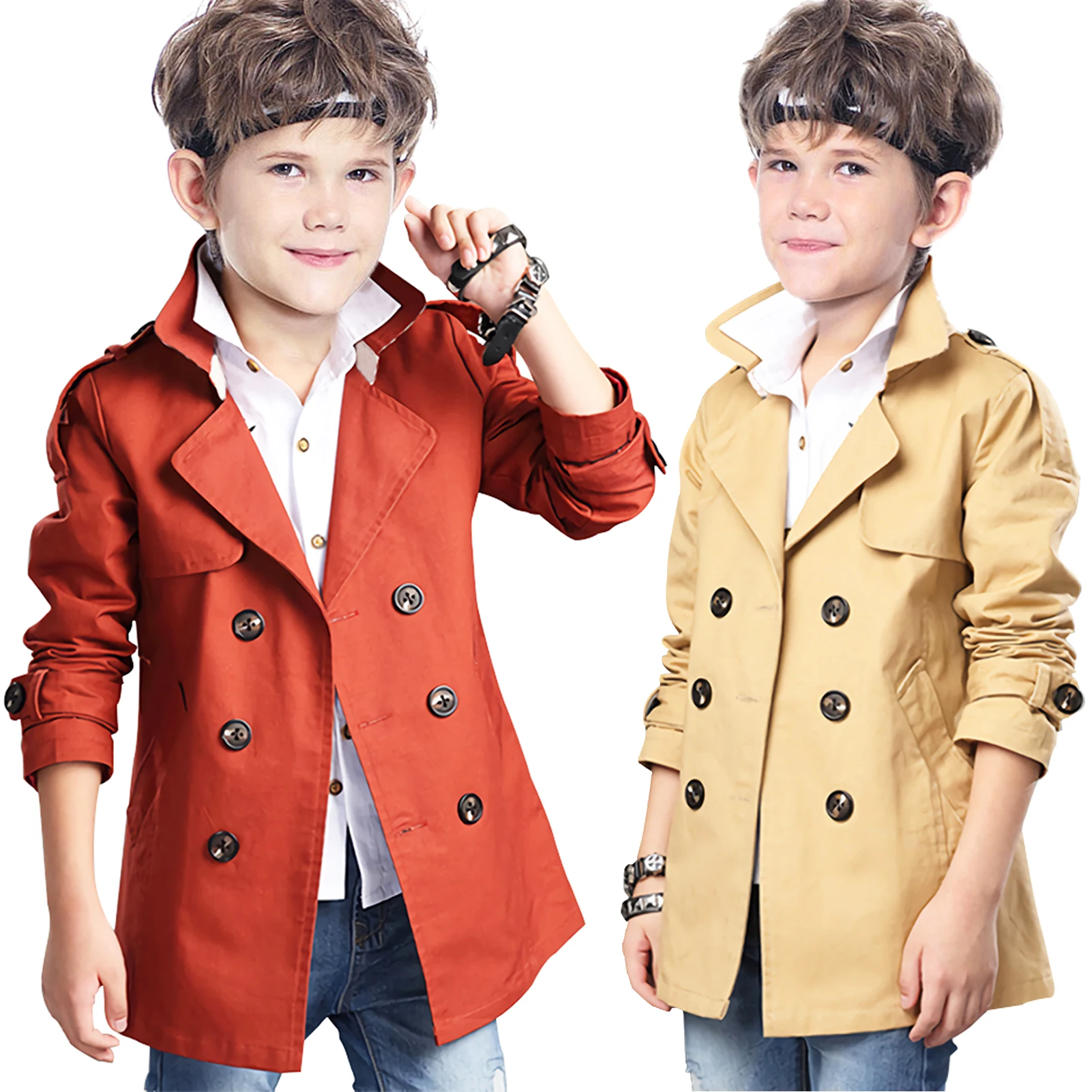 

Boys Trench Coat Classic Children's Transition Jacket with Belt Double Breasted Lapel Autumn Spring Teenagers Windbreaker