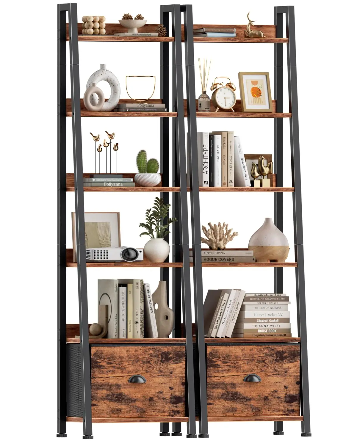 

Bookshelf Set Of 2, 6-Tier Ladder Shelf, Ladder Bookshelf With Drawer, Set Of 2 Bookshelves, Metal Storage Shelf, Customized