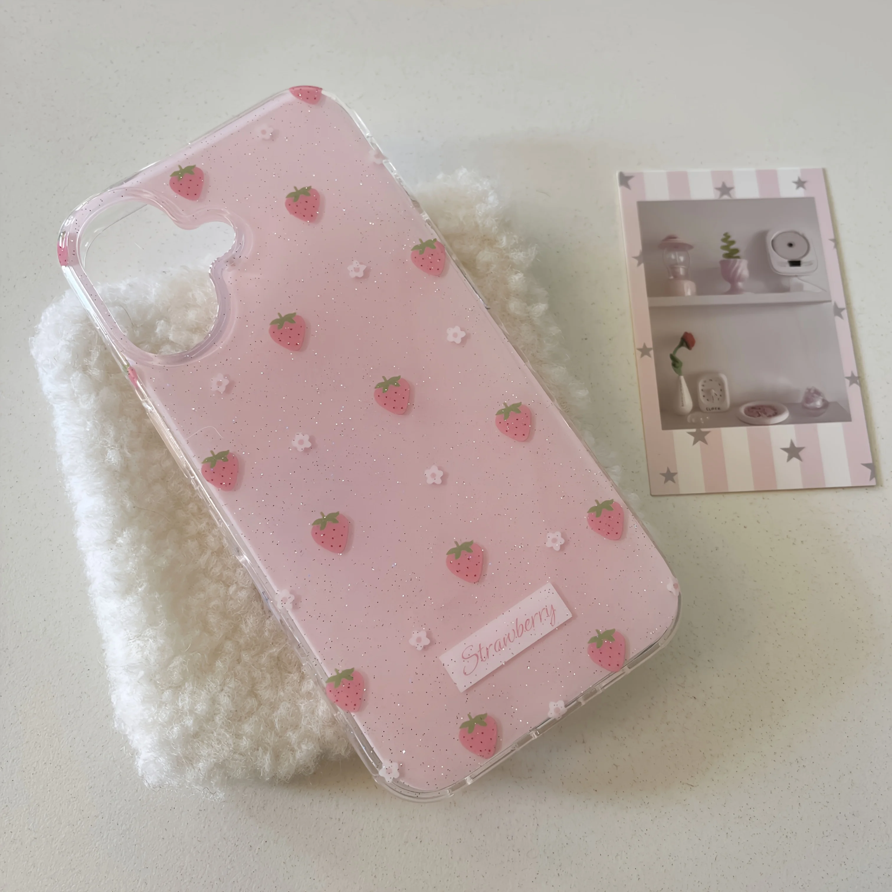 Funda de teléfono INS Cartoon Straberry para iPhone 17 16e 16 15 14 13 12 11 Pro Max X Xs XR XSMax 8 7 6 6s Air Plus textura de plumas