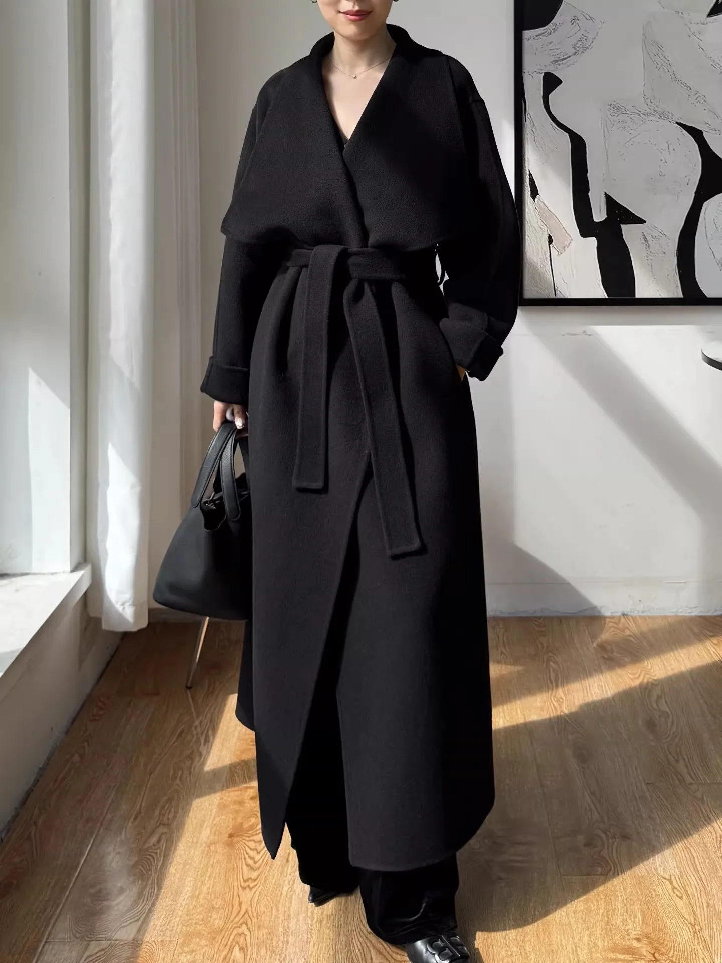 Women Fashion Woolen X-Long Length Loose Fit Overcoat Wide-lapel Turndown Collar Wool Lace-up Loose Coat Trench Jacket Cloak
