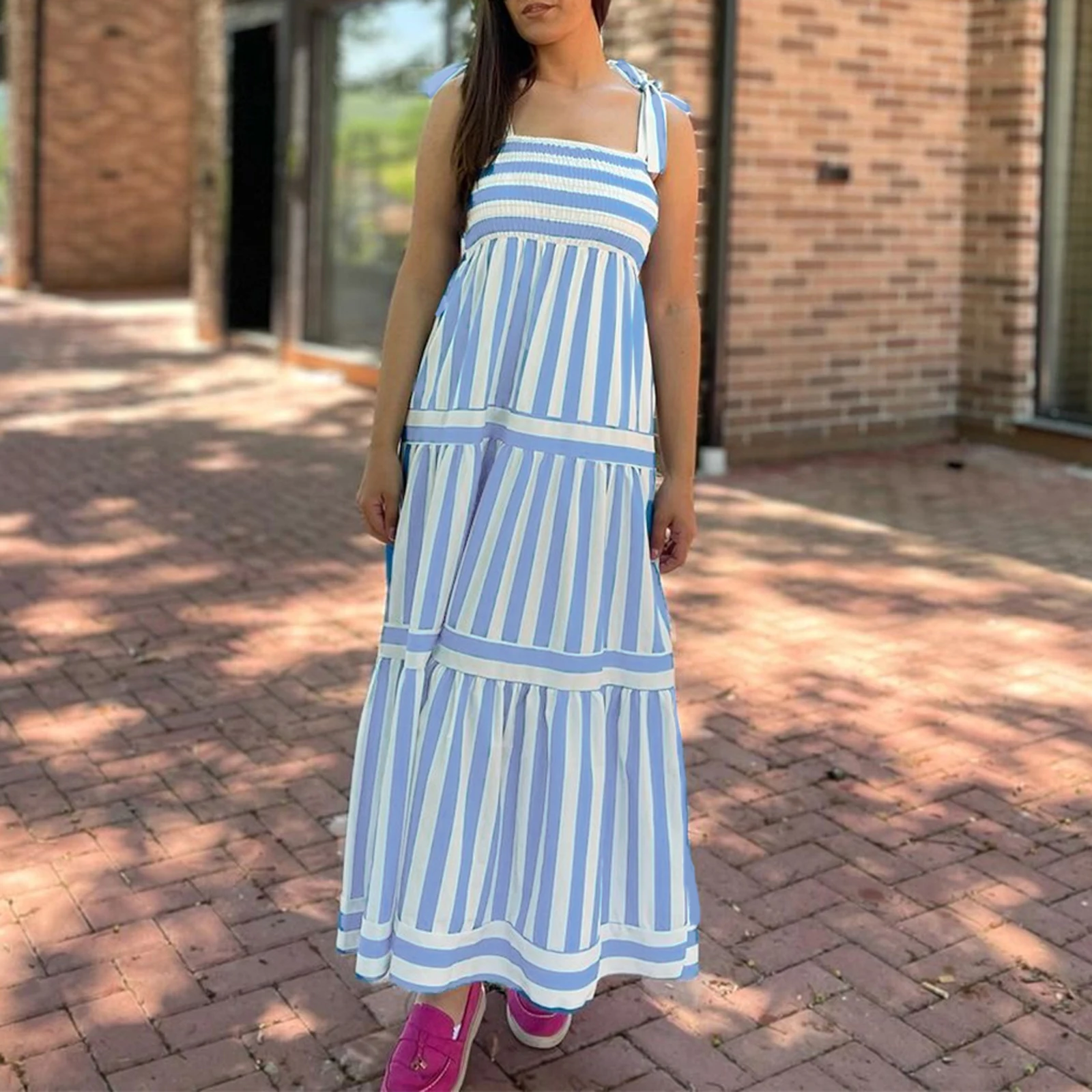 

Women's Bohemian Maxi Dress Summer Square Neck Sleeveless Shoulder Stripe Print Layered Dress Flowing Beach Dress