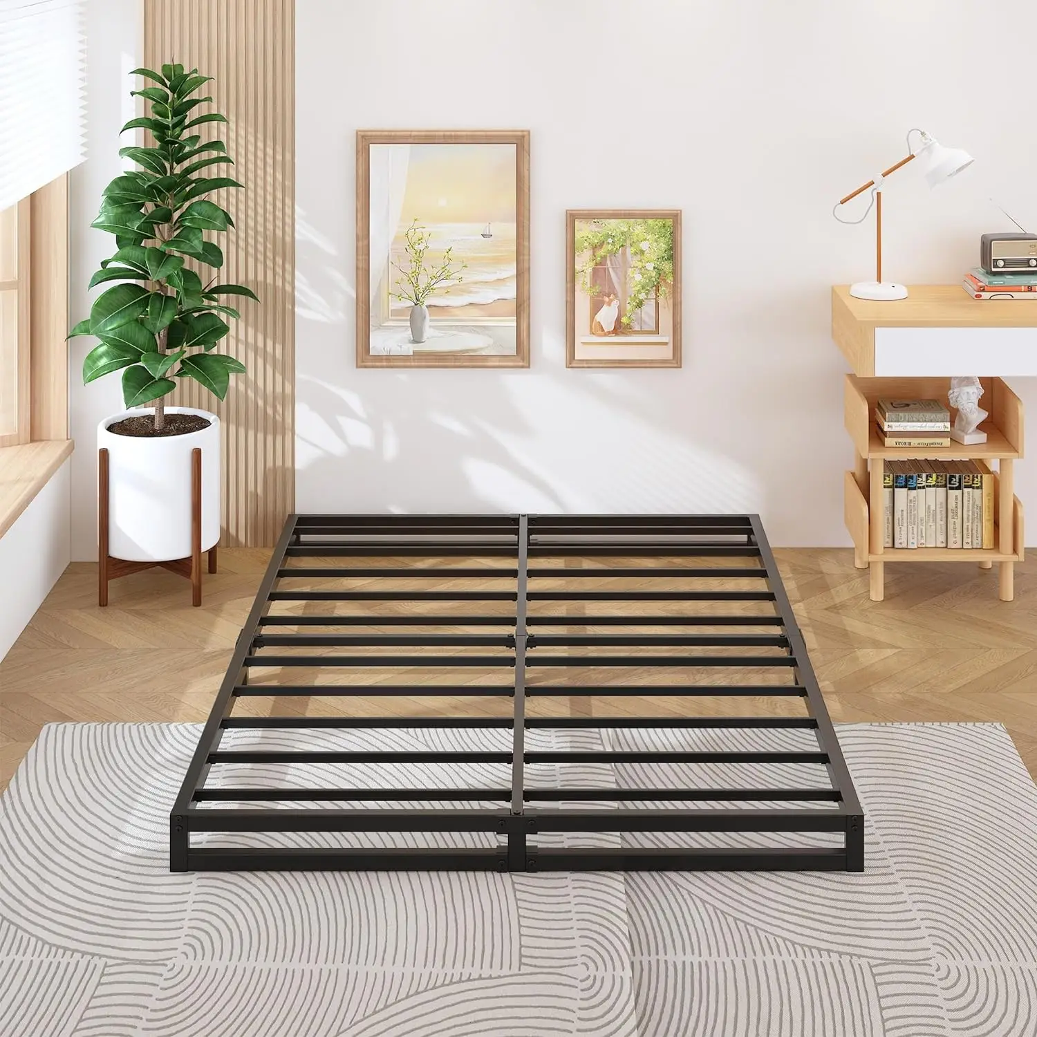 Bed Frame Heavy Duty Steel Slat Support Metal Platform Queen No Box Spring Needed Easy Assembly