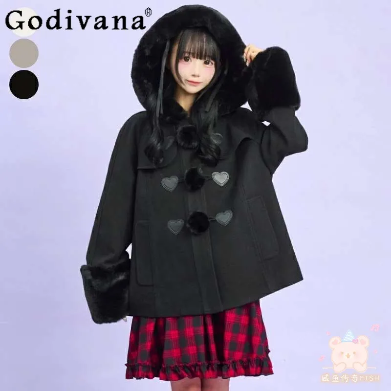

SC Japanese Sweet Lolita Woolen Jacket Autumn Winter New 2025 Girls Women Loose Slim Fashion Casual Hooded Coat Outerwear