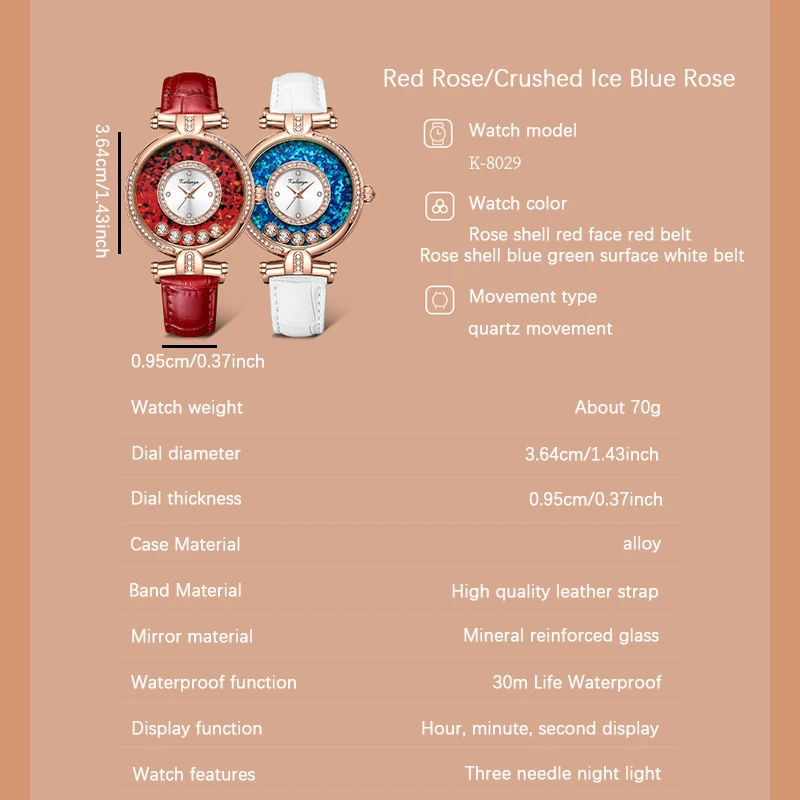Orologio al quarzo alla moda da donna serie Rose cinturino in pelle impermeabile di alta qualità