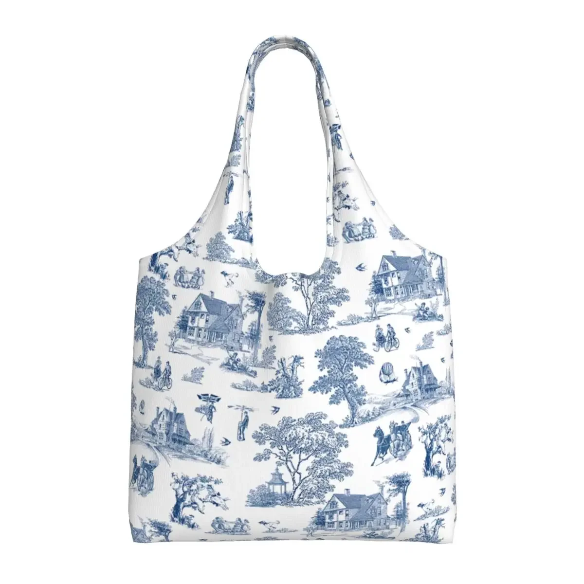 วินเทจคลาสสิกฝรั่งเศส Toile De Jouy น้ําเงินรูปแบบ Motif Shopping Tote กระเป๋า Reusable ร้านขายของชําผ้าใบ Shopper กระเป๋าสะพาย