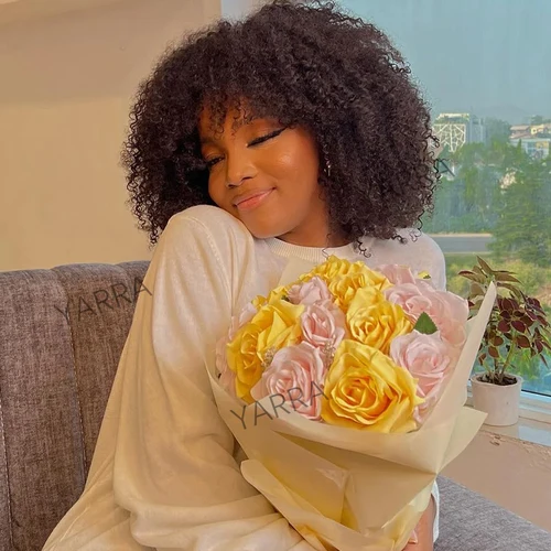 Imagen 2 del producto Pelucas de cabello humano rizado Afro de densidad 180 250 con flequillo para mujeres negras cabello humano brasileño 100% Remy cabello completo hecho a máquina pelucas de cabello 100 humano pelucas de mujer