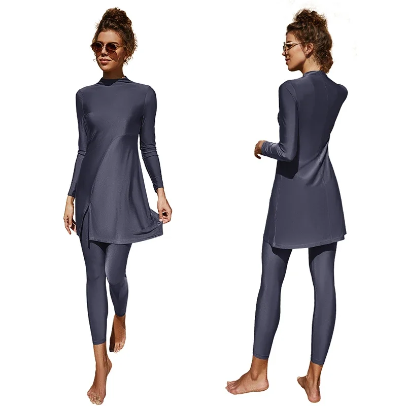 Women Muslim Islamic Conservative Swimsuit Solid Color Long-sleeved Trousers Full Cover Swimwear Burkini Bathing Suit New