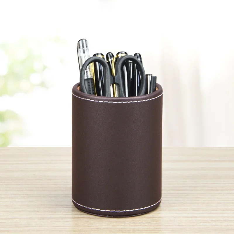 Imagem -06 - Couro Retro Caneta Redonda Titular Papelaria Sundries Storage Tube Acabamento Tanque de Armazenamento Material de Escritório Desktop Organizer