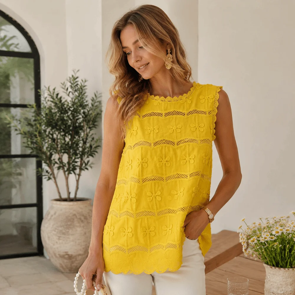 Round Neck Lace Embroidery Vest Loose Breathable Lace Splicing Top Patchwork Hollow Out Sleeveless T-shirts Youthful Fashion