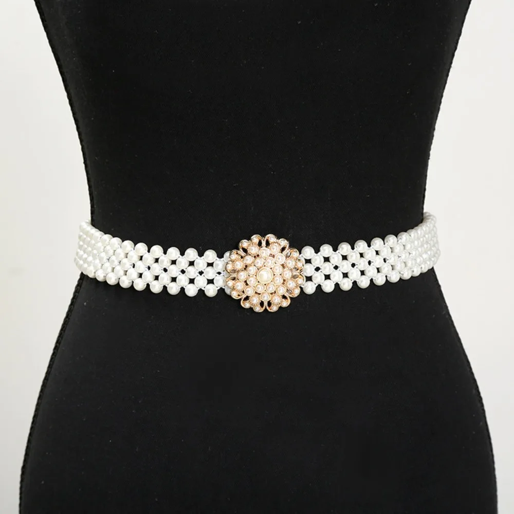 

Simple Bling Pearl Waist Belt Wide Metal Buckle Elastic Waistband Rhinestone Long Chain Women Waist Belt Girls
