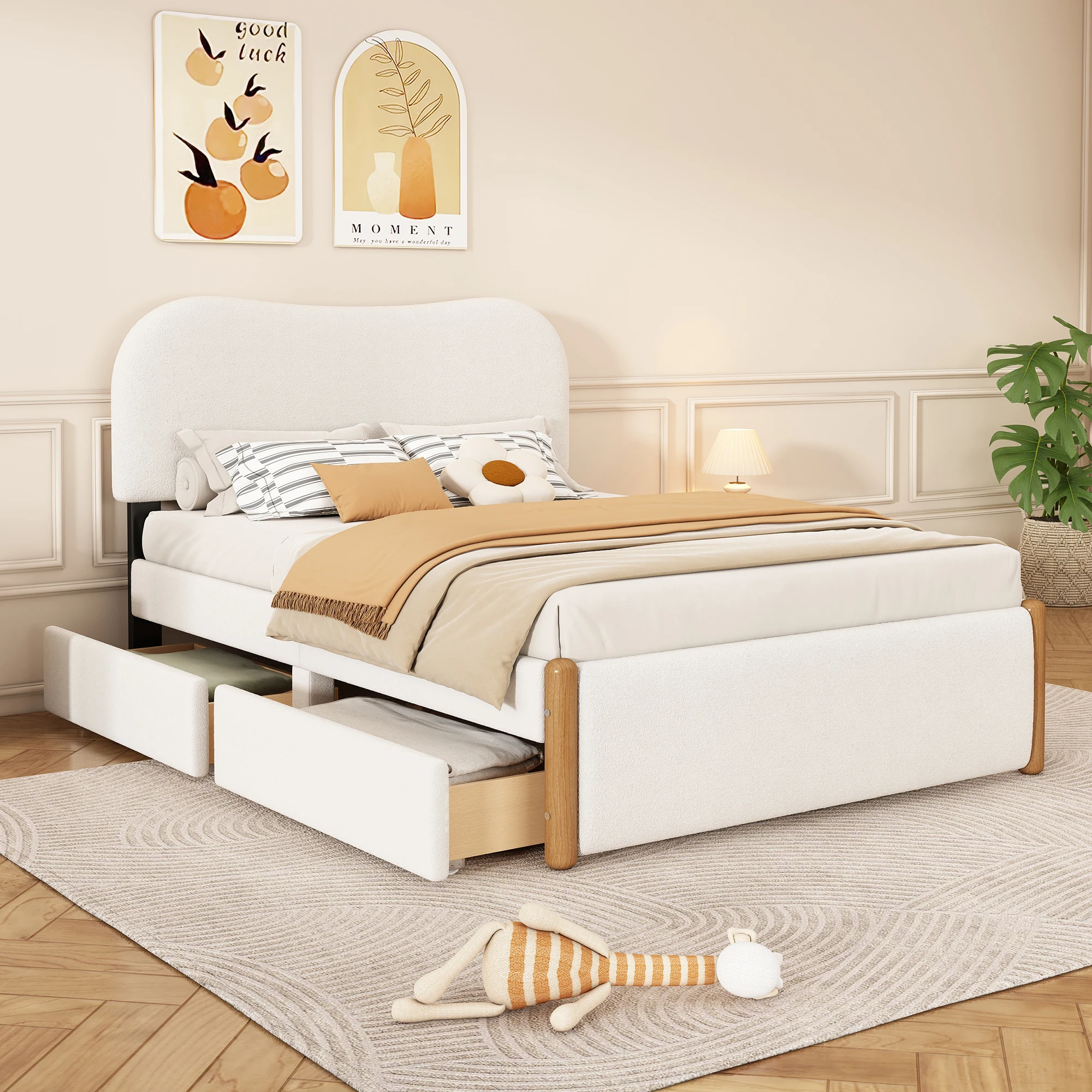 140x200 cm Upholstered bed, Double Bed with White Headboard, Double Drawers Left/Right Mounted, Minimalist Design, White