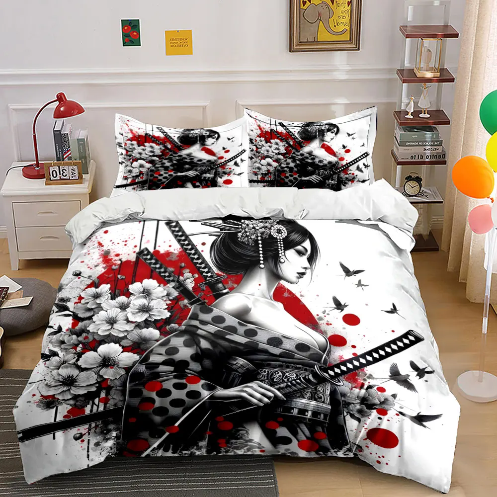 Japanese female warrior in ink painting style Print Bedding Set 1 Duvet Cover 2 Pillowcases for Adult and Children Luxury Gift
