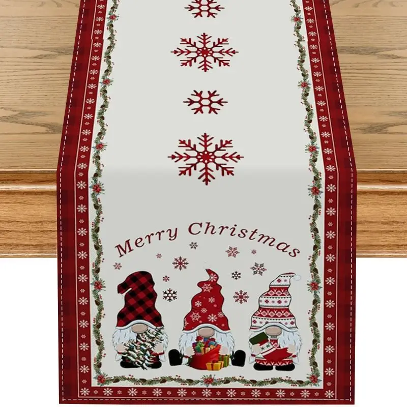 VIKAMA Christmas Table Runner, Snowflake Reindeer Gnome Buffalo Plaid Xmas Tree Dining Table Scarf, Party Decor