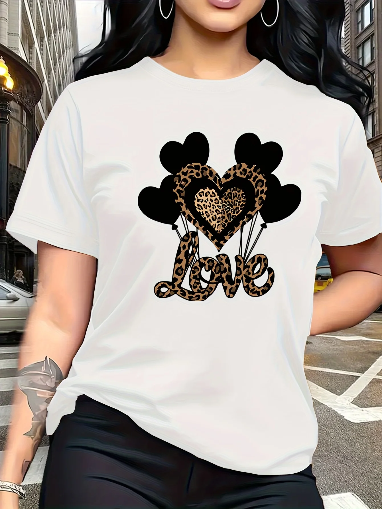 Leopard Print Heart-Shaped Balloon T-Shirt Summer Women Tracksuit Tops Casual Breathable Sportswear Harajuku Fashion Streetwear