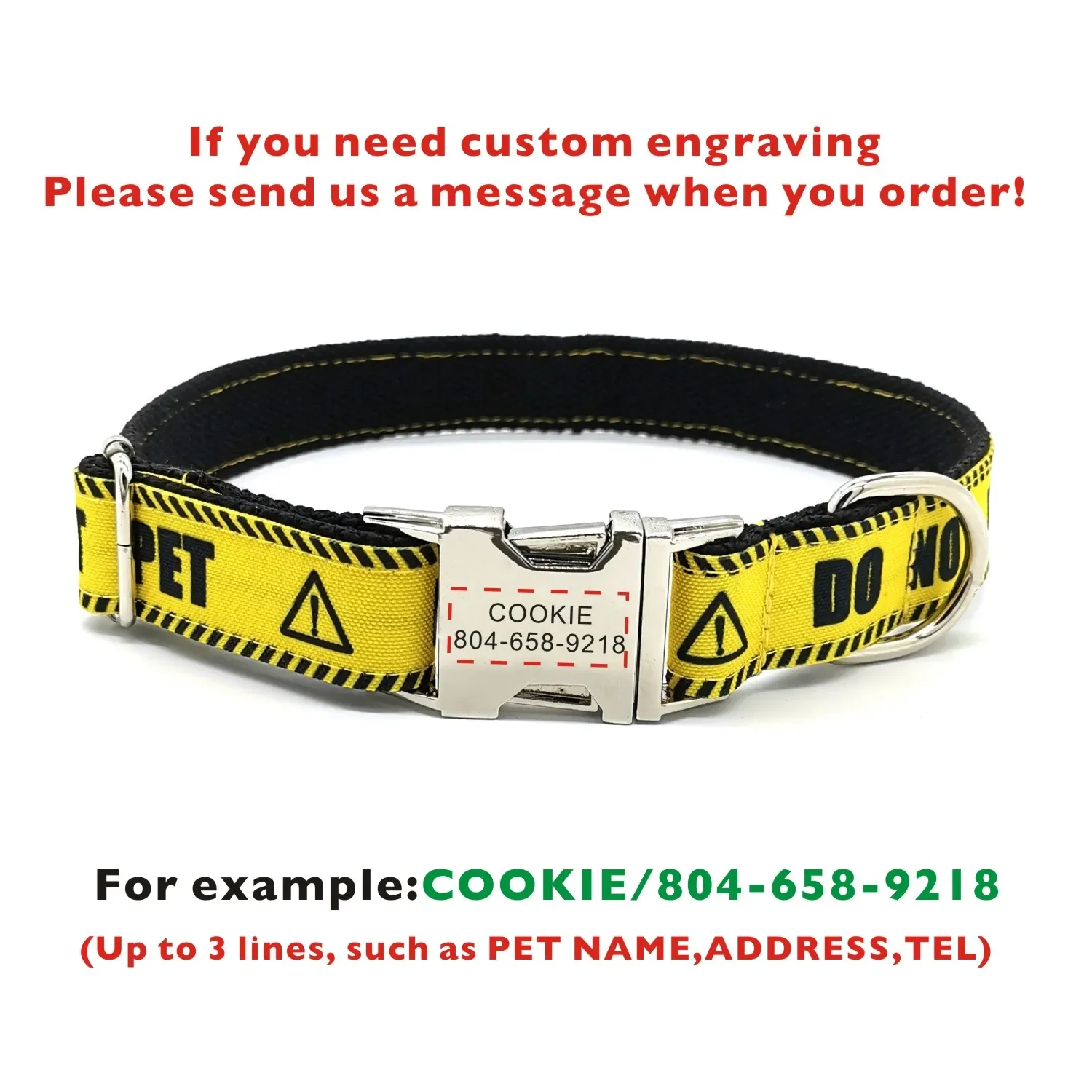 Personalized Dog Collar with Free Engraving, Matching Pet Leash,Customzied Contacts Metal Buckle, Do Not Pet Warning Sign Collar