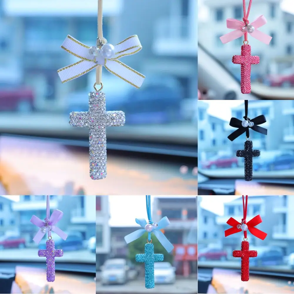 Shiny Rhinestone Car Rearview Mirror Pendant Sparkling Exquisite Design Crystal Rhinestone Cross Creative Fashion