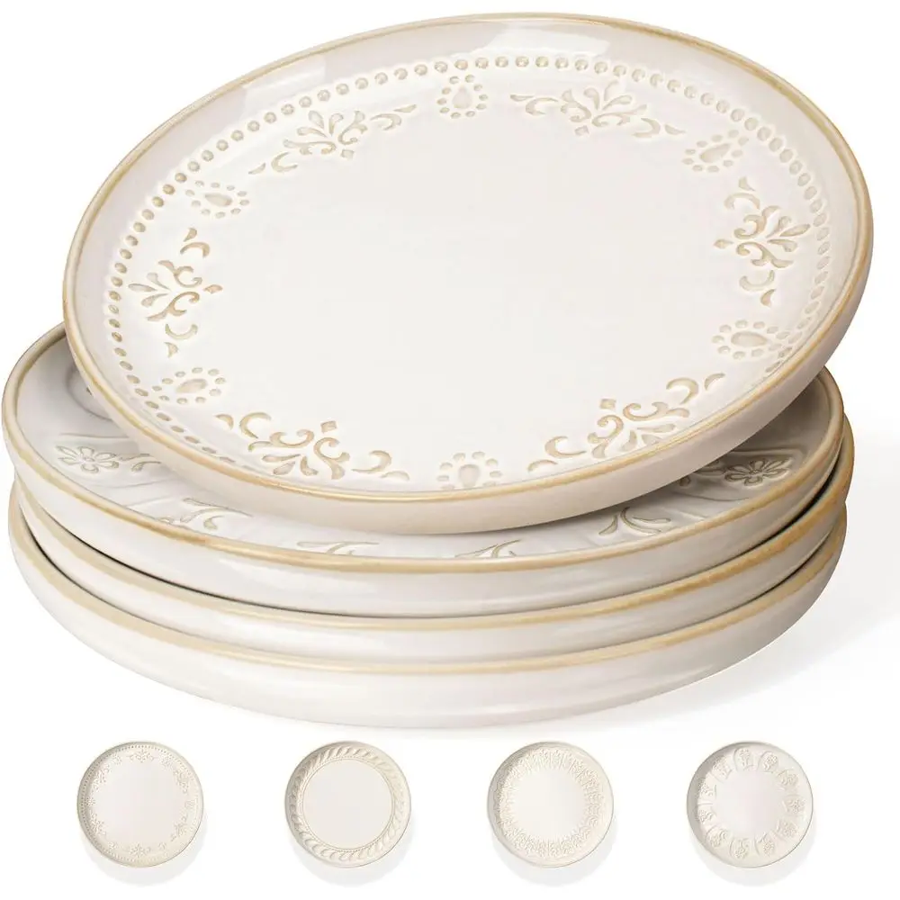 

Salad Plates Set Of 4, 8.5 Inch Embossed Small Ceramic Dinner Plates for Appetizer Dessert, Kitchen Plates With Lipped Edges, Mi