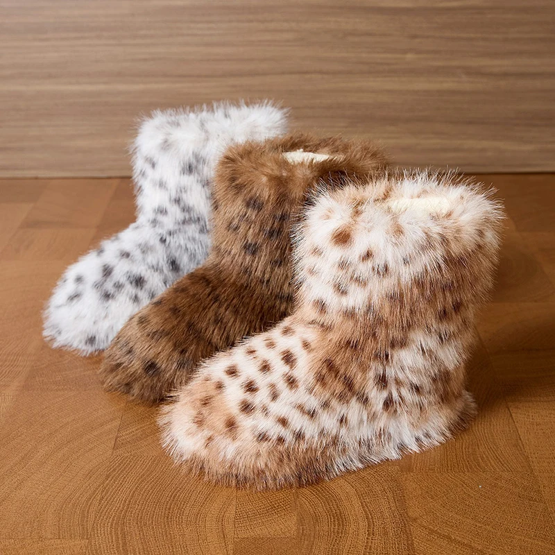 

Leopard Winter Ankle Boots Female Fluffy Casual Plarform Women's Shoes Plush Luxury Design Indoor Outdoor Fuzzy Fur Snow Booties