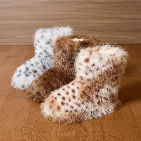 Leopard Winter Ankle Boots Female Fluffy Casual Plarform Women's Shoes Plush Luxury Design Indoor Outdoor Fuzzy Fur Snow Booties