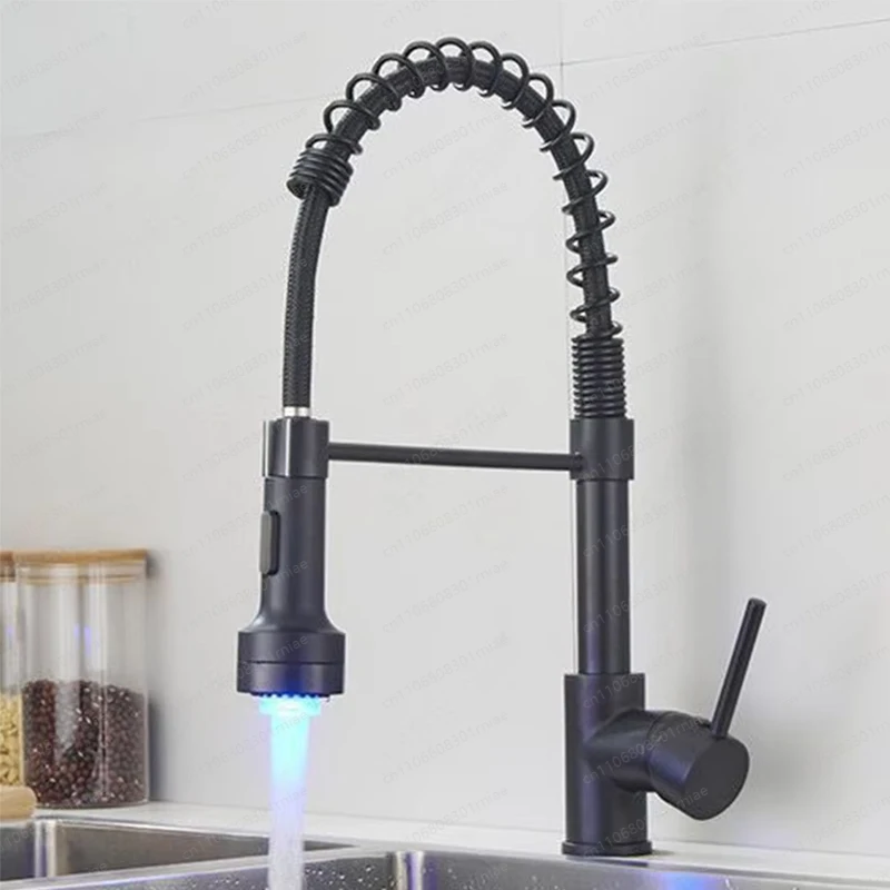Modern Single Handle LED Kitchen Sink Faucet SUS304 Stainless Steel with Pull Sprayer Industrial Style Black Spring Faucet