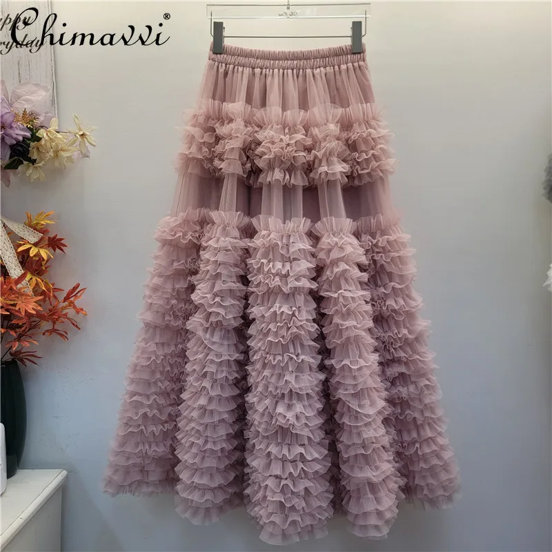 

Fairy Fashion Multi-layer Pleated Cake Skirt Spring Autumn New Sweet Girl Mesh Patchwork A-line Puffy Mid-length Skirt Women