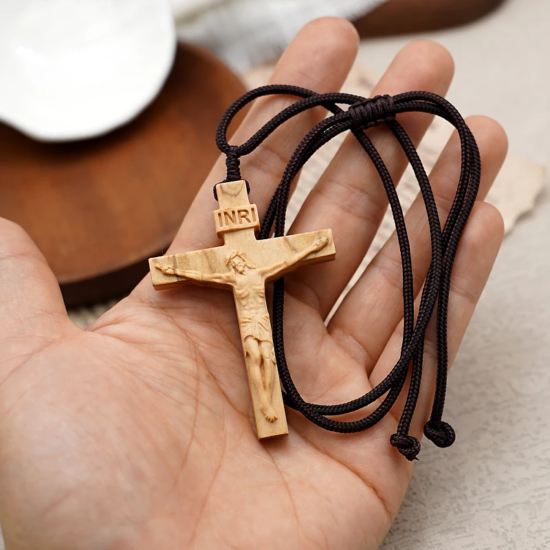 70cm Rope Cord Jesus Cross Necklace Crucifix Wood Pendant Necklaces for Men Woman Black Sweater Chain Religious Unisex Jewelry