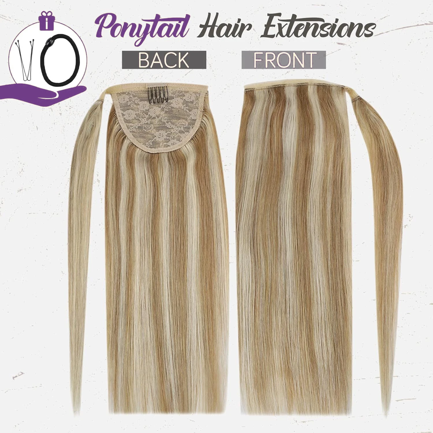 Ponytail Remy Hair Highlight Ash Blonde With Bleach Blonde P8/613 Hair Extensions Honey Blonde Highlight Wrap Around Ponytail