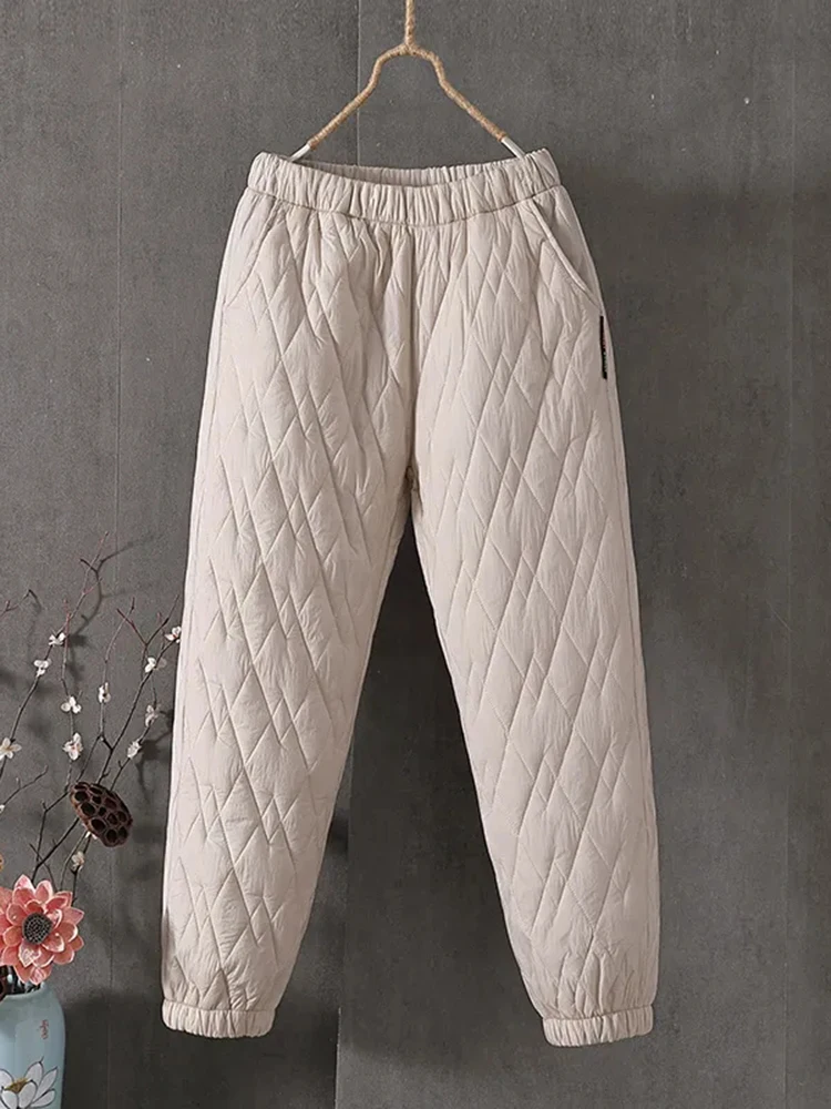 Casual Thick Winter Snow Wear Windproof Jogger Warm Thicken Down Cotton Ankle-length Harem Pants New Puffy High Waist Sweatpants