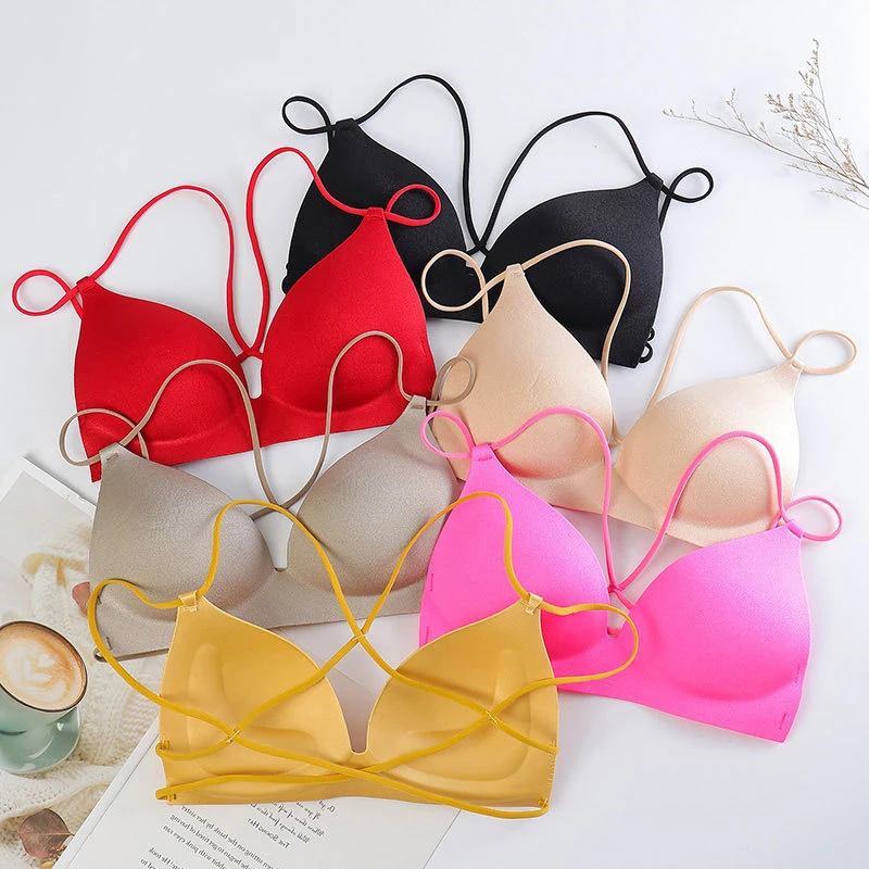 Women Fashion Stretch Wireless Push Up Bra Bralette Top Sexy Cross Strap Women Casual Padded Lingerie Underwear