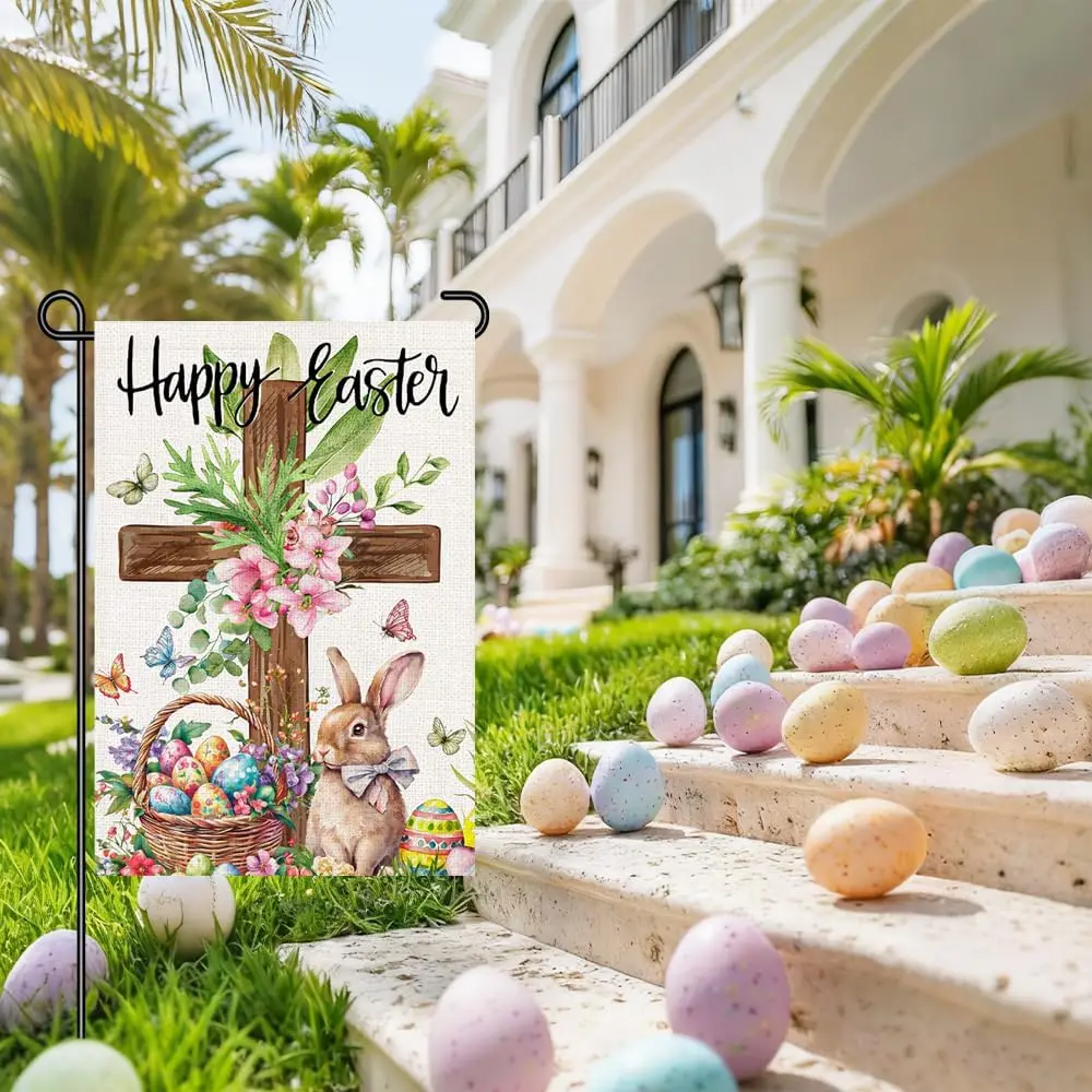 Happy Easter Garden Flag 12x18 Inch Double Sided Small Yard Sign with Cross Floral Bunny and Egg Basket, Christian Spring Ou GGO