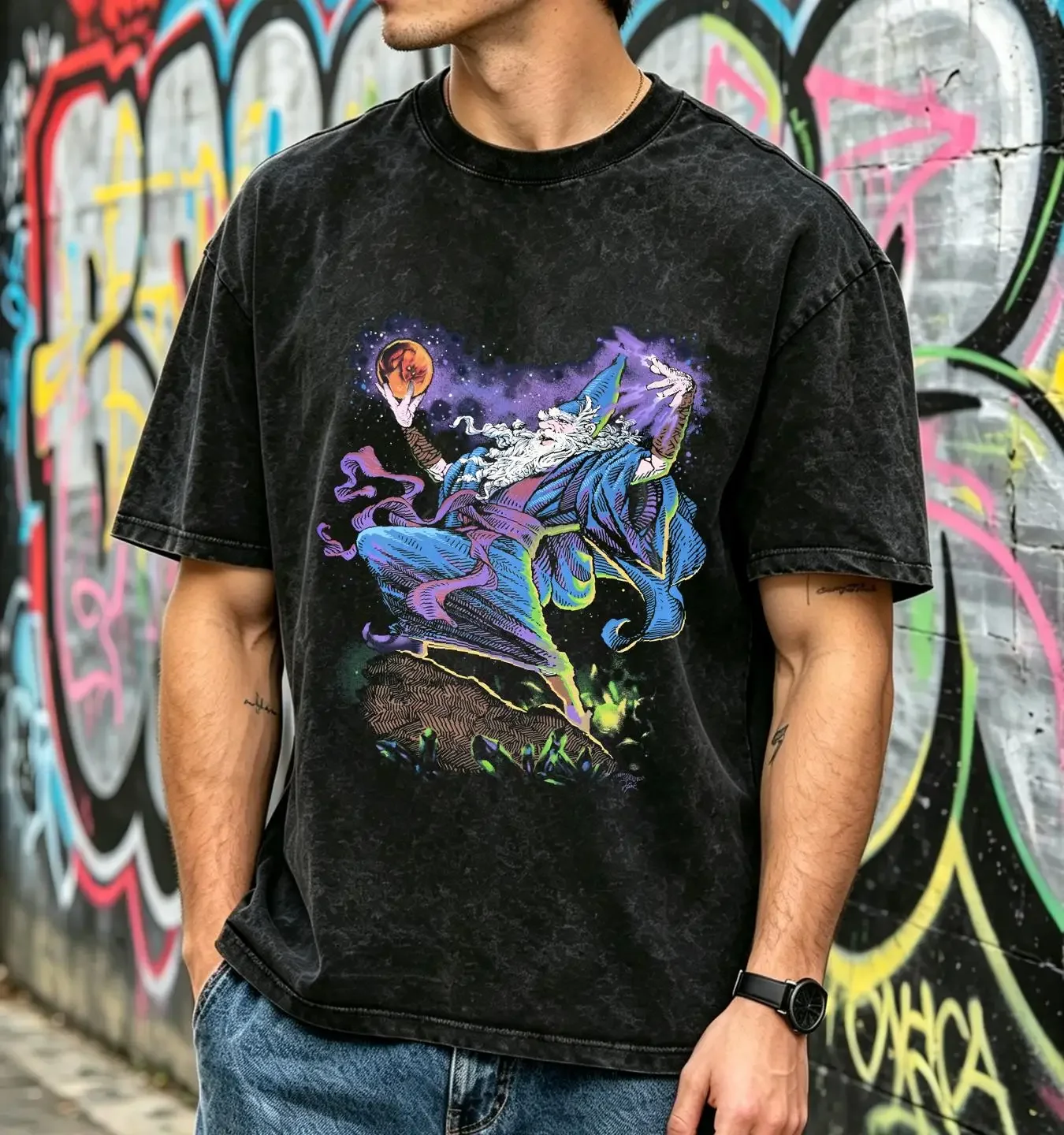 washed T Shirt Vintage Liquid Blue XL Wizard Dragon All Over Print 1994 90s Magic Aop long or short sleeves vintage Washed