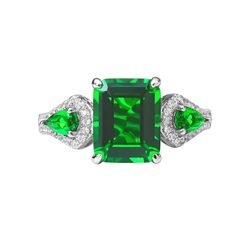 

New gorgeous high-end green tourmaline emerald cut 925 silver ring set with high carbon diamond emerald wedding jewelry