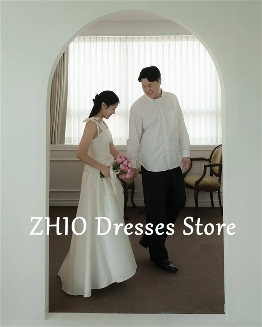 ZHIO Elegant Bow Strap A-line Sleeveless Wedding Dresses Korea Women Party Floor Length Bridal Gowns Customized Simple 웨딩드레스