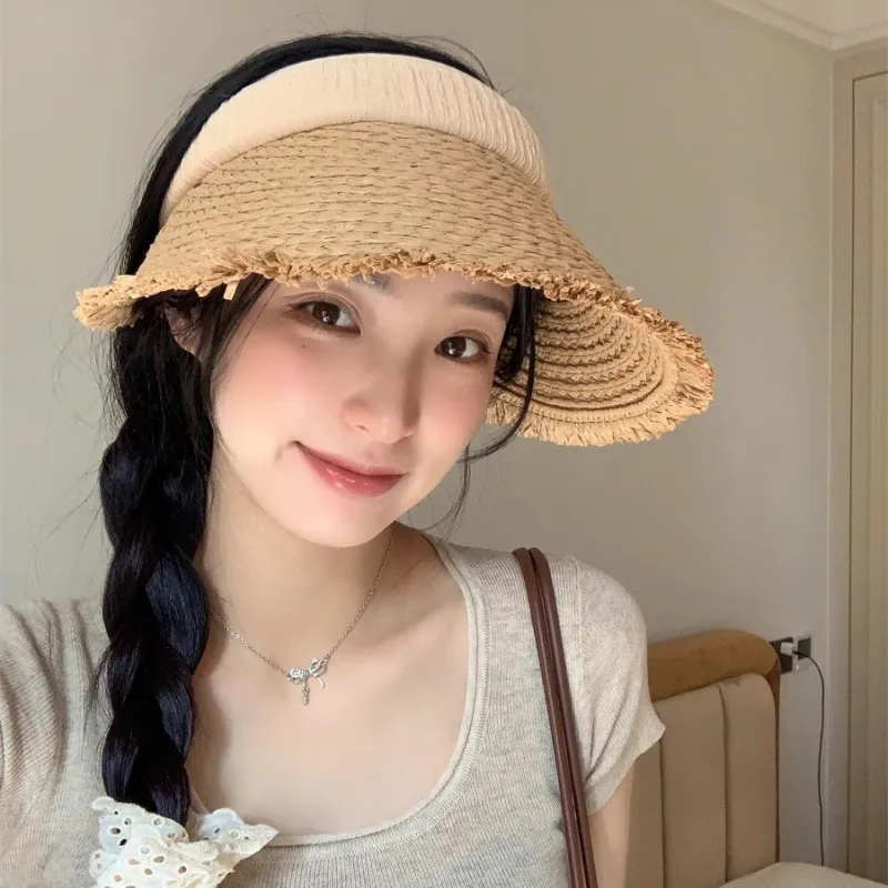 

New summer straw hat, beach outdoor empty top hat, foldable, versatile, face-showing, small sun protection hat