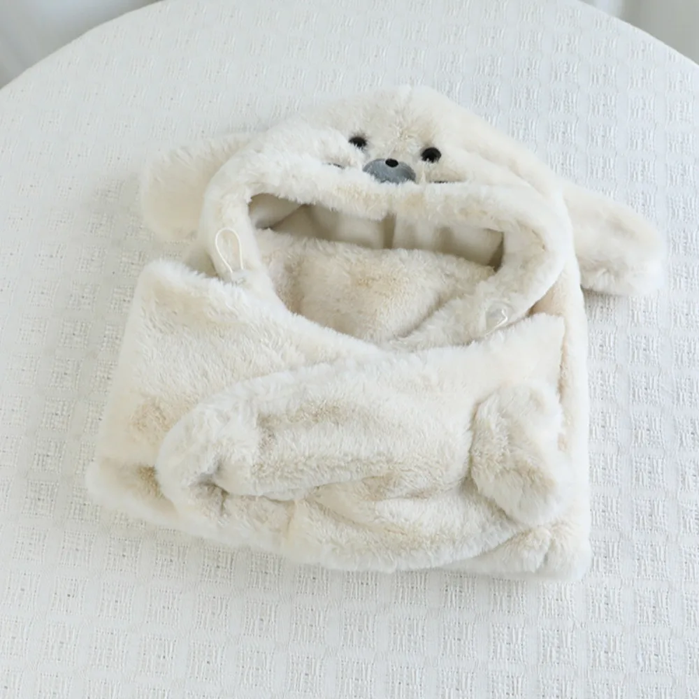 Simple Fleece Seal Plush Hooded Scarf Cute 3 in 1 Mask Pullover Hat Beanie Solid Color Earflap Hat Female/Girls