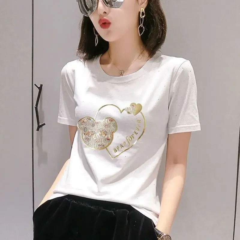 

2023 New Summer Cotton Graphic Letter Printed Short Sleeve Round Neck T-shirt Women's Versatile Fashion Sequined Casual Tops