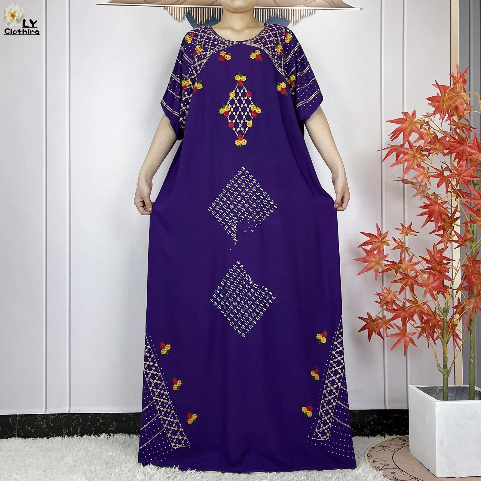 New Muslim Abaya Femme Short Sleeve Dress With Big Scarf 2024 Summer Women Loose Maxi Embroidery Cotton African Islamic Clothing